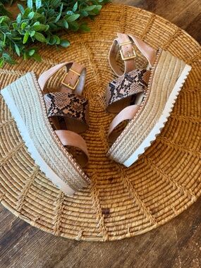 Crown Vintage Platform Wedge Sandals in Blush and Snake Print